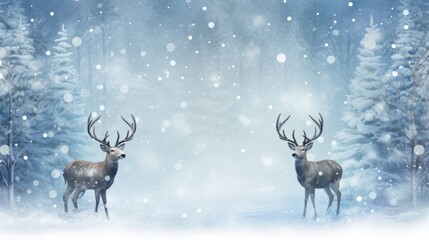 Deer in gouache style against a background of snow and forest