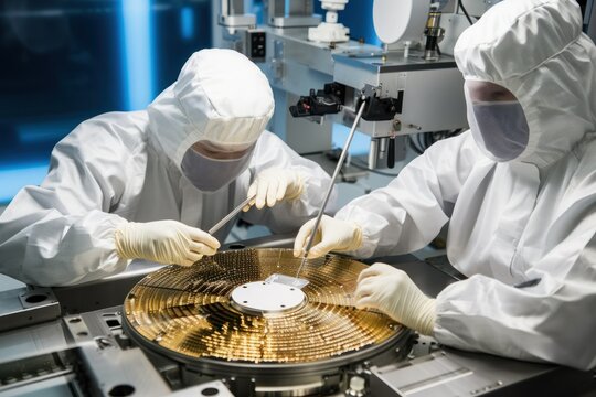 Workers in cleanroom suits handling semiconductor wafers.