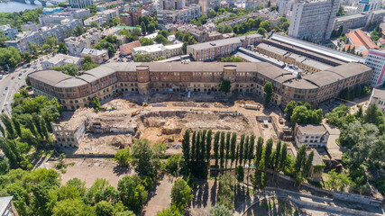 Aerial view building former factory Arsenal, reconstruction. Drone shot beautiful Kyiv Kiev...