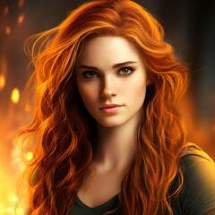 Fototapeta premium Fiery-haired beauty against a backdrop of flames.