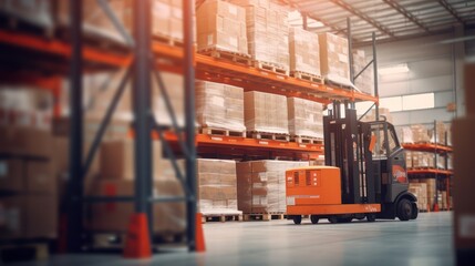 Retail warehouse full of shelves with goods in cartons, with pallets and forklifts. Logistics and transportation blurred background. Product distribution