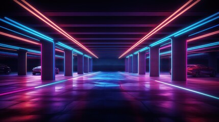underground parking in neon light - obrazy, fototapety, plakaty
