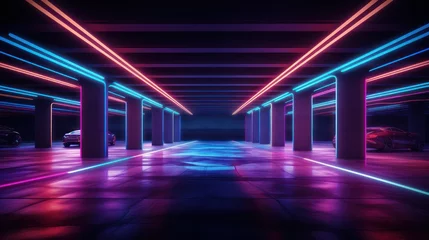 Fototapeten underground parking in neon light © Terablete