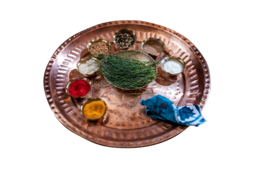 Traditional puja thali - plate for ritual ceremony with kumkum, haldi or turmeric powder, flowers and diya (oil lamp). Hindu sacral element for worshipping God. png