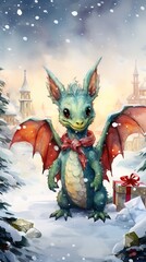 Cute friendly smiling  Christmas dragon with gifts against the backdrop of a winter landscape in pastel colors, New Year's watercolor illustration, AI generated
