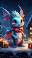 Cute friendly smiling  Christmas dragon with gifts against the backdrop of a winter landscape in pastel colors, New Year's watercolor illustration, AI generated