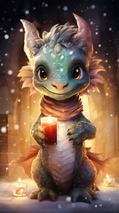 Cute friendly smiling  Christmas dragon with gifts against the backdrop of a winter landscape in pastel colors, New Year's watercolor illustration, AI generated