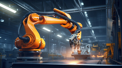 industrial automatic robotic arm, modern factory using advanced machines, production process - obrazy, fototapety, plakaty