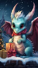 Naklejka premium Cute friendly smiling Christmas dragon with gifts against the backdrop of a winter landscape in pastel colors, New Year's watercolor illustration, AI generated