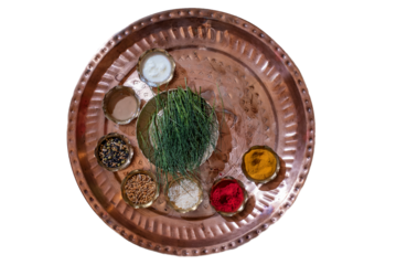 Traditional puja thali - plate for ritual ceremony with kumkum, haldi or turmeric powder, flowers and diya (oil lamp). Hindu sacral element for worshipping God. png