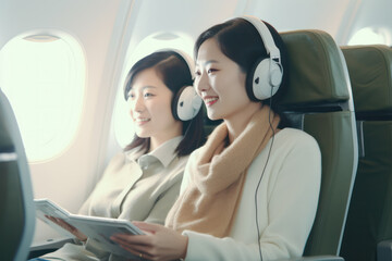Fototapeta premium Asian Women Travelers Enjoying In-Flight Entertainment with Headphones