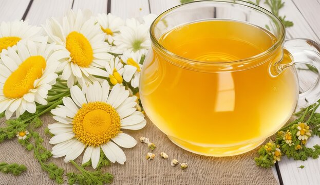 Chamomile herbal tea with flower buds, honey and lemon on a white wooden table and a bouquet of chamomile. Useful herbal, soothing drinks and natural healer concept. Immunity tea. genrative ai