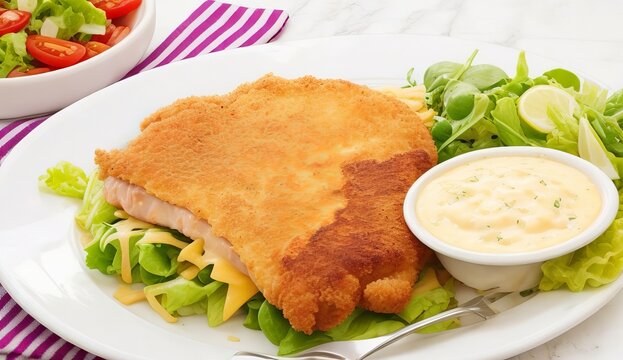 chicken schnitzel Parmigiana with melted cheese served with chips and salad on a white plate genrative ai
