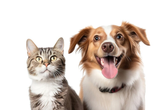 Portrait of a golden retriever dog and a cat looking at the camera photo studio isolated on white