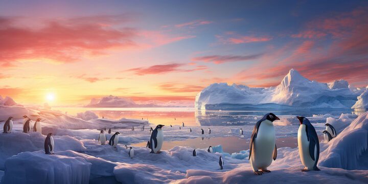 a flock of penguins in snowy Antarctica in the setting sun