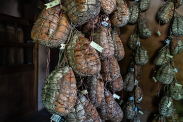 Culatello di Zibello traditional italian ham production cellar