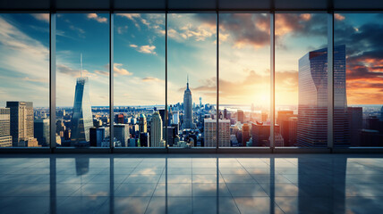 Panoramic skyline and business buildings in big city with many glass windows,