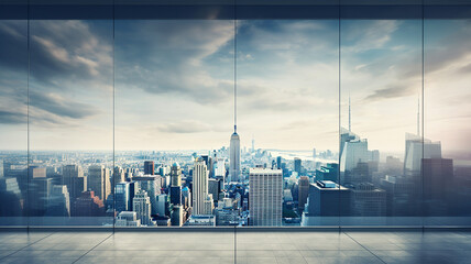 Panoramic skyline and business buildings in big city with many glass windows,
