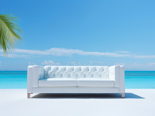 Fototapeta na wymiar A white leather sofa is placed on the beach sand in a tropical climate. The weather is clear with a blue sky.
