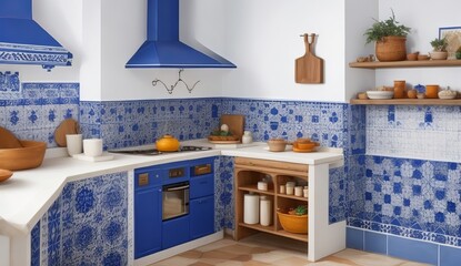 Cocina con azulejos azules y arquitectura tradicional catalana, Cocina moderna y artesanal, creada con IA generativai - obrazy, fototapety, plakaty