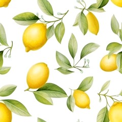 Seamless pattern of fresh and ripe yellow lemons and green leaves on white background, watercolor style