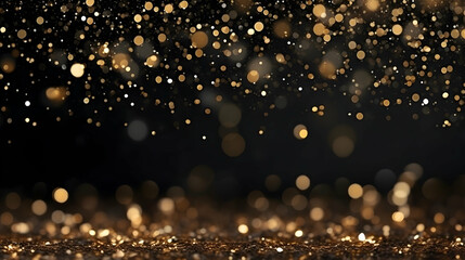 Abstract black background with golden particles and glitter dancing in the air, shimmering luxury