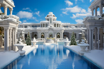Luxury winter hotel or resort, concept of travel and tourism, snow and freezing cold