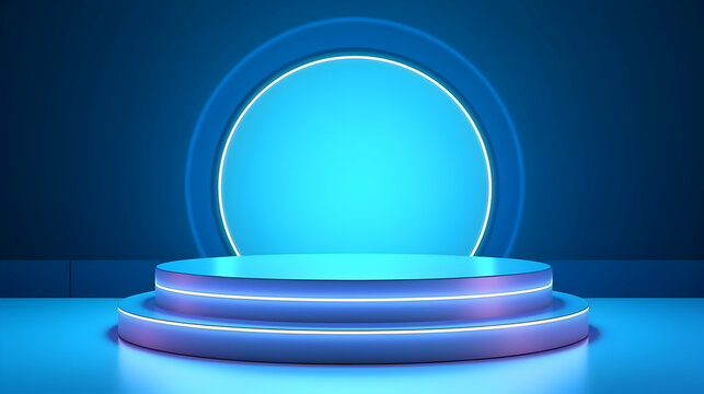 An elegant blue neon podium, emanating a serene glow, perfect for product showcases and feature presentations