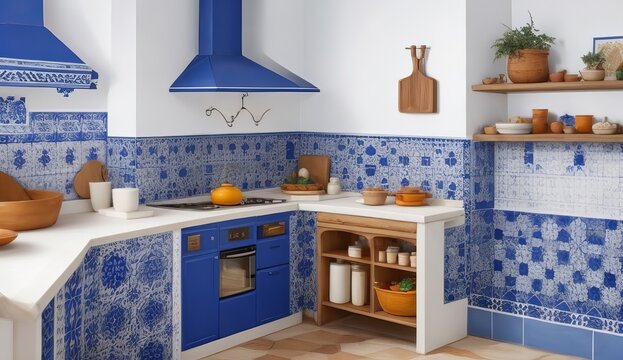 Cocina con azulejos azules y arquitectura tradicional catalana, Cocina moderna y artesanal, creada con IA generativai