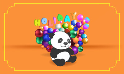 Vector funny holiday card. Cartoon sitting cute smiling panda baby with bright colored balls on an orange background. Yellow frame.