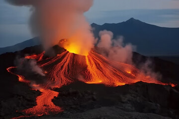 Landscape image of erupting volcano with red hot lava stream, smoke and ashes