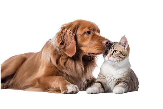 golden retriever puppy and a tabby cat isolated on white