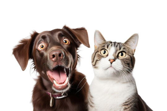 A dog and a cat looking at the camera photo studio isolated on white background
