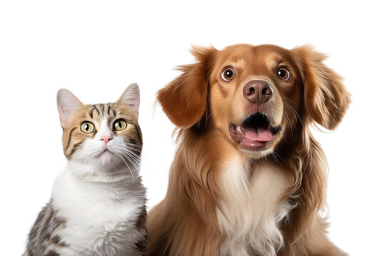Tabby cat and golden retriever dog together isolated on white background