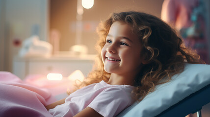 Little girl at a children's dentistry for healthy teeth and beautiful smile in a clinic bed, dental...