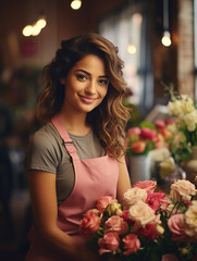 Smiling attractive hispanic female small business owner in her florist flower shop.