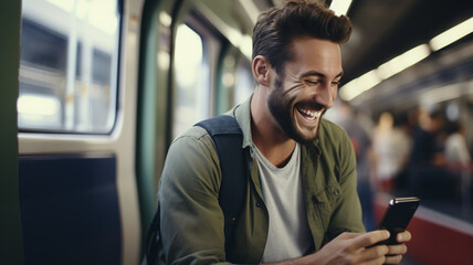 Smiling handsome man looking at his mobile smart phone at a train or metro station