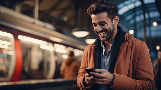 Smiling handsome man looking at his mobile smart phone at a train or metro station