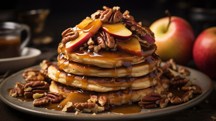 Delicious autumn pancake stack with baked apples, pecans and cinnamon topped with maple syrup - obrazy, fototapety, plakaty