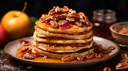 Delicious autumn pancake stack with baked apples, pecans and cinnamon topped with maple syrup