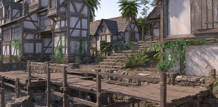 Wooden Pier of a stone medieval village with palm trees and tropical vegetation. Photorealistic 3D illustration.