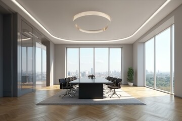 Modern meeting room with furniture, city view, daylight. Boardroom interior, clean and bright. 3D rendering. Generative AI