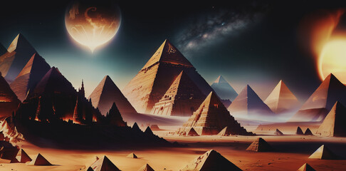 illustrazione di immaginario mondo con strutture piramidali in un vasto deserto, lune e pianeti nel cielo notturno