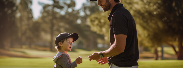 Child learns to play golf with a coach on the course