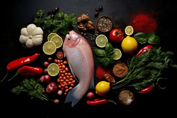 Ingredients: chicken, fish, veggies on a dark backdrop. View from top. Copy included. Generative AI