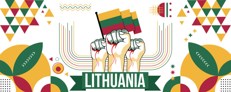 Lithuania national or independence day banner design for country celebration. Flag of Lithuania with raised fists. Modern retro design with abstract geometric icons. Vector illustration.