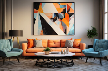 a modern living room, vibrant watercolor, light orange and gray, geometric forms and patterns, textured brushstrokes, on big wall art, interior design mock up, wall art mockup