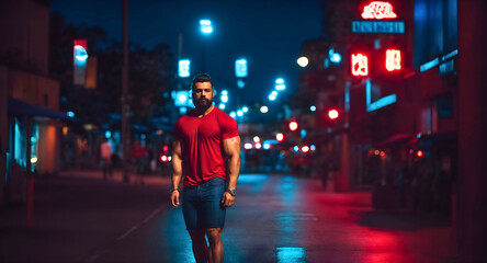 Muscular and handsome man with long beard standing on a city street at night, wearing red t-shirt and shorts, looking at the camera, night city lights illuminating on the streets, blurred background