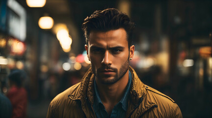 Handsome young male model with determined look on his face and short trimmed beard, wearing blue shirt, and yellow leather jacket, blurred street full of people in the background - obrazy, fototapety, plakaty