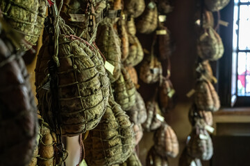 Culatello di Zibello traditional italian ham production cellar